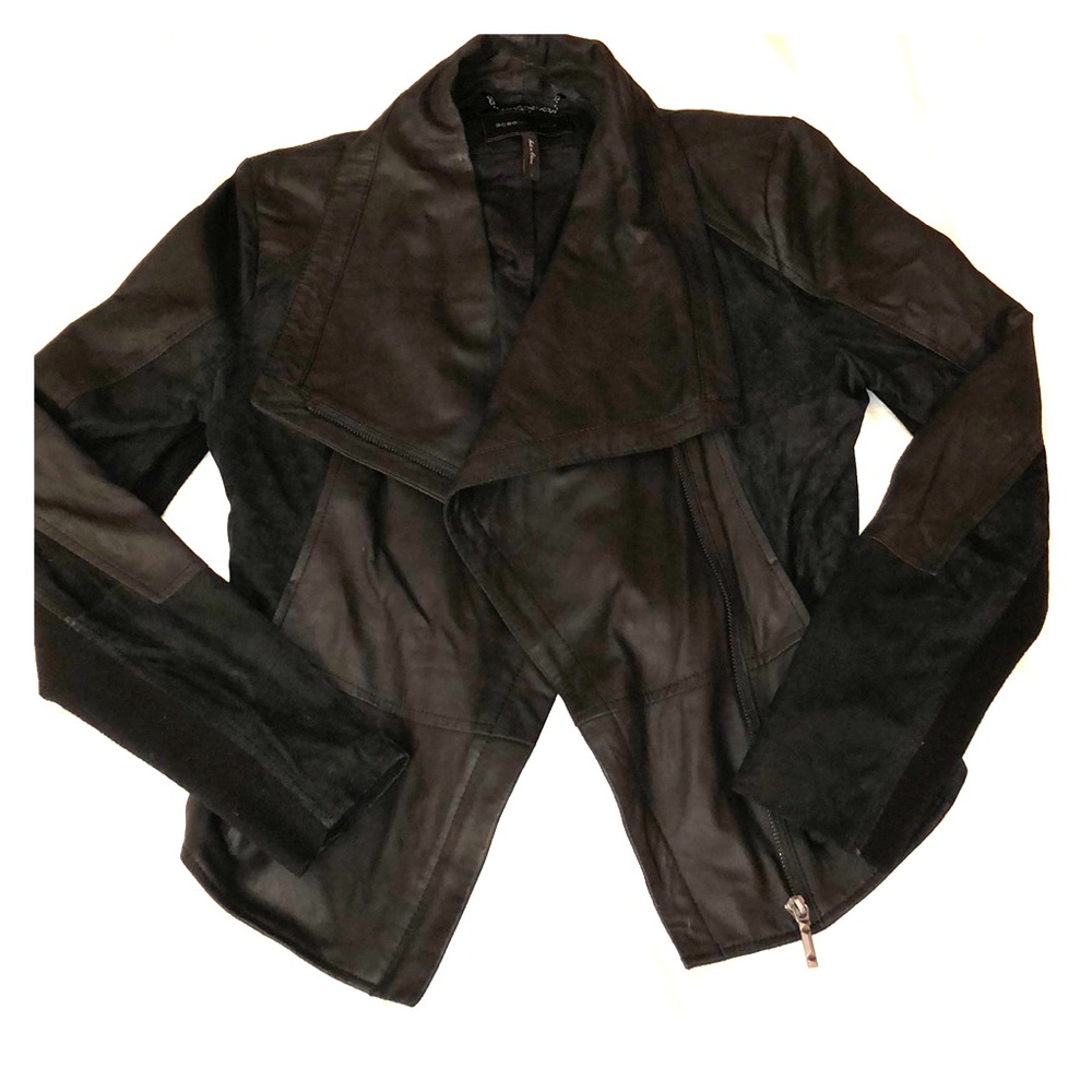 BCBG Maxazria Black leather and suede drape jacket